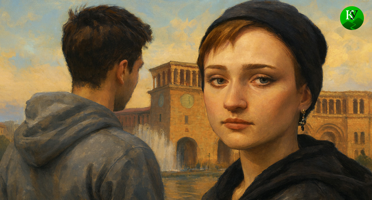 Айшат Баймурадова в Ереване. Иллюстрация создана «Кавказским узлом» с помощью ИИ в программе Copilot