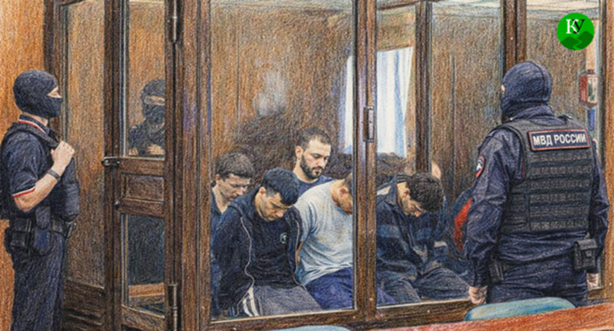 Подсудимые в зале суда. Иллюстрация создана "Кавказским узлом" при помощи ИИ в программе Copilot