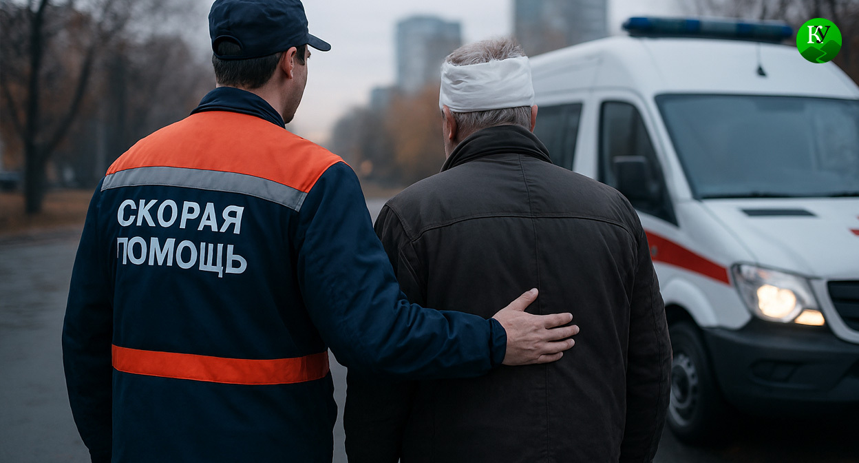 Медик помогает пострадавшему. Иллюстрация создана «Кавказским узлом» с помощью ИИ в программе Copilot