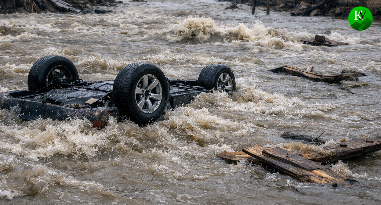 Машина в потоке воды. Иллюстрация создана «Кавказским узлом» с помощью ИИ в программе Copilot