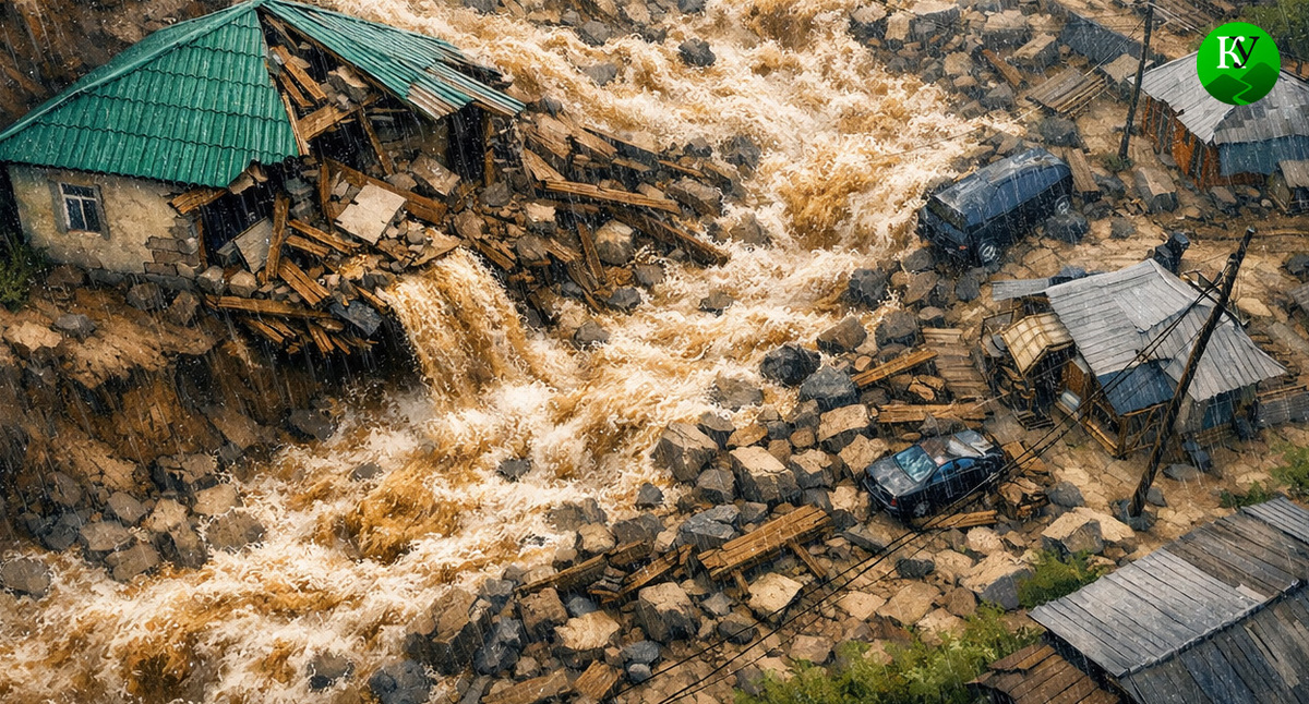 Потоп в горном селе. Иллюстрация создана "Кавказским узлом" с помощью ИИ в программе Copilot