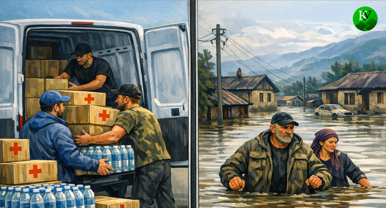 Сбор гуманитарной помощи и затопленное село. Иллюстрация создана «Кавказским узлом» с помощью ИИ в программе Copilot
