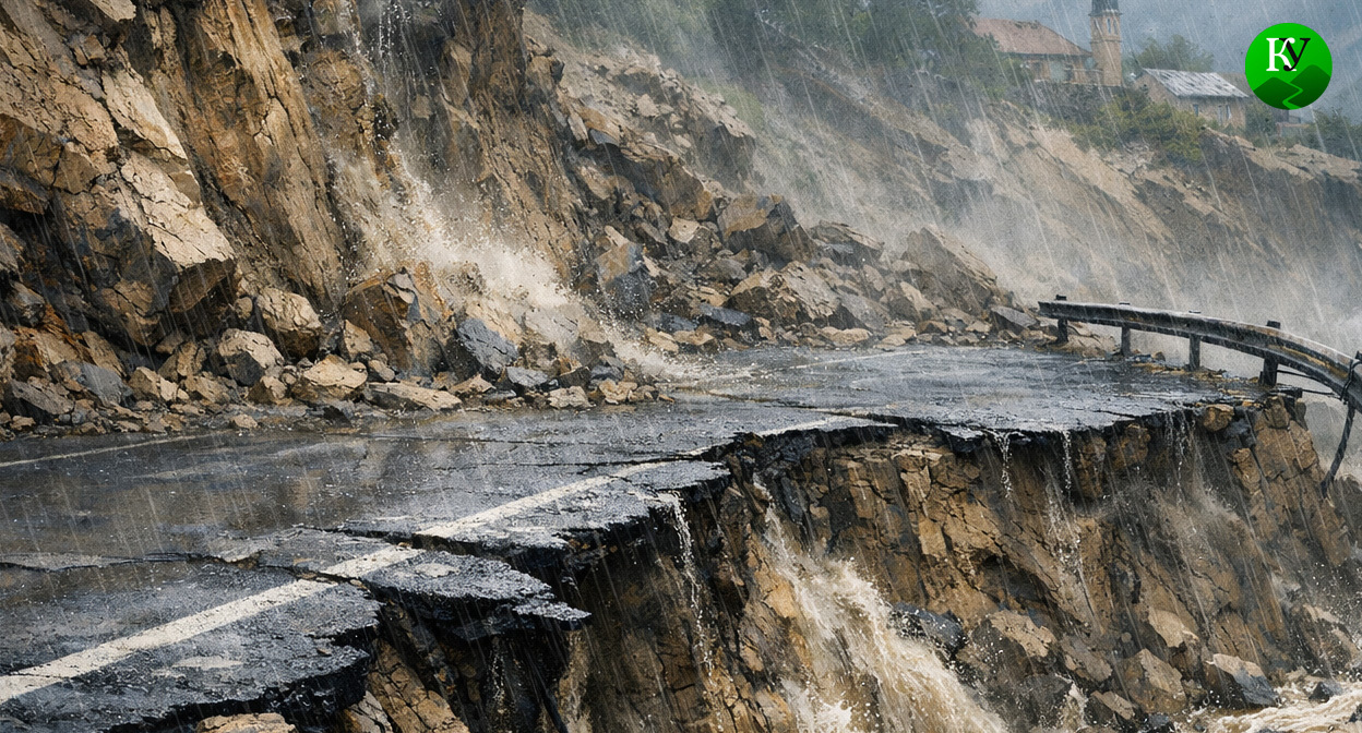 Оползень разрушил дорогу. Иллюстрация создана «Кавказским узлом» с помощью ИИ в программе Copilot