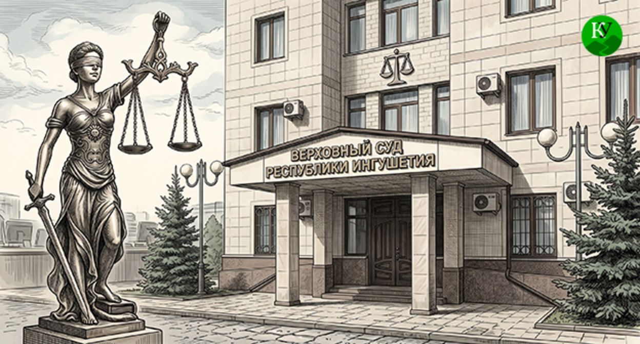 Фемида и Верховный суд Ингушетии. Иллюстрация создана "Кавказским узлом" при помощи ИИ в программе Copilot