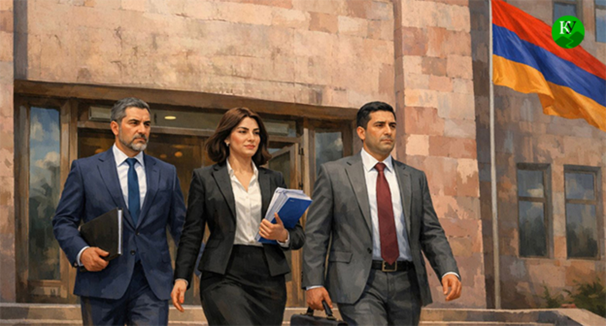 Люди возле ЦИК Армении. Иллюстрация создана "Кавказским узлом" при помощи ИИ в программе Copilot