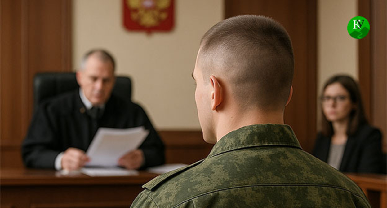 Военнослужащий в зале суда. Иллюстрация "Кавказского узла" созданная в ИИ с помощью программы Copilot