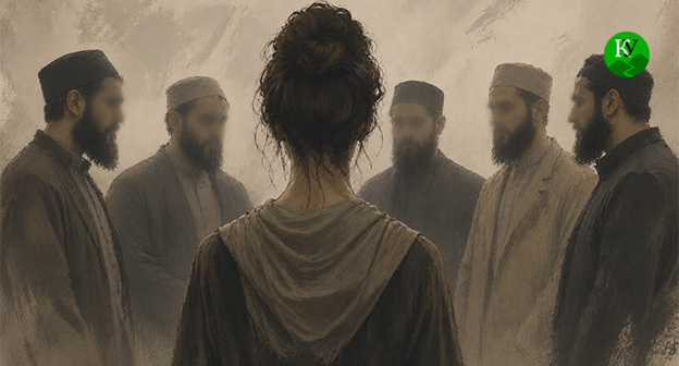 Женщина стоит среди мужчин. Иллюстрация создана "Кавказским узлом" при помощи ИИ в программе Copilot