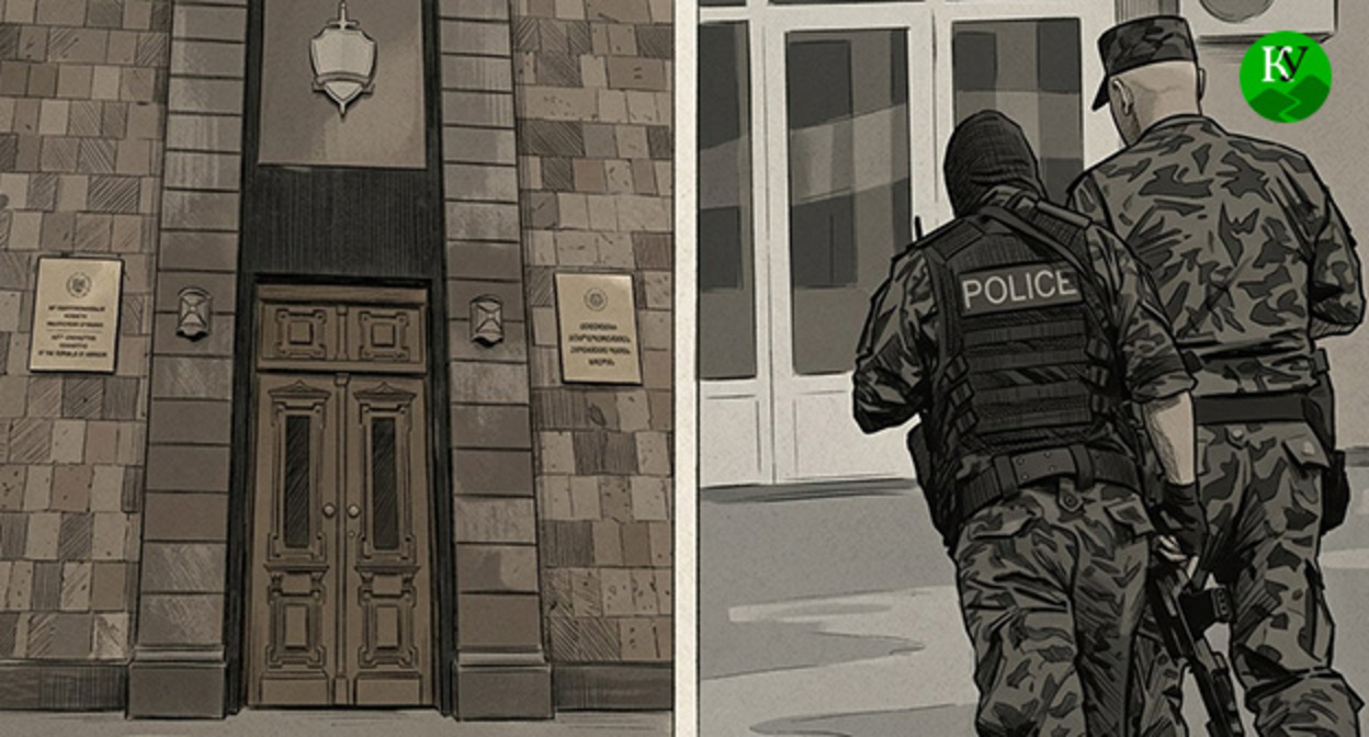 Сотрудники полиции и здание антикоррупционного комитета. Иллюстрация создана "Кавказским узлом" при помощи ИИ в программе Copilot