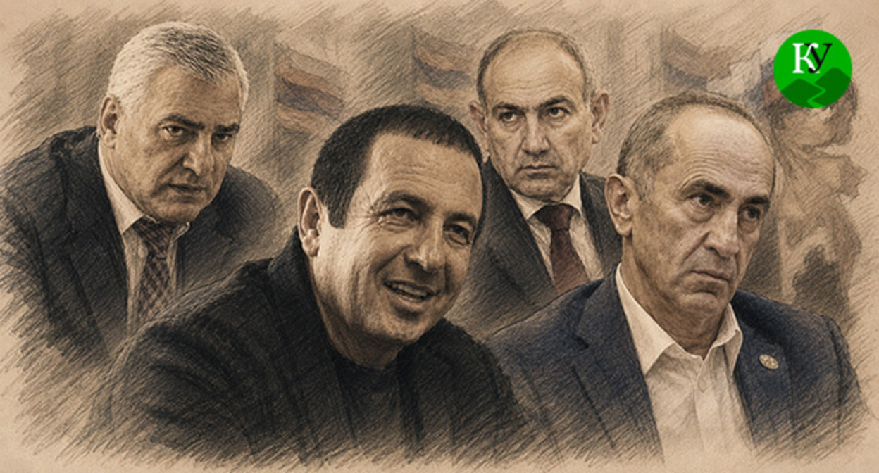Самвел Карапетян, Гагик Царукян, Никол Пашинян, Роберт Кочарян (слева направо). Иллюстрация создана "Кавказским узлом" при помощи ИИ в программе Copilot