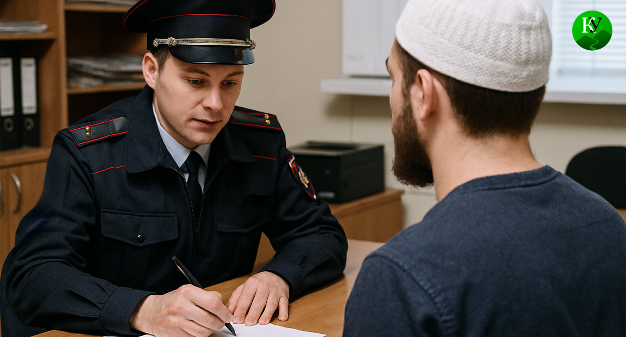 Силовик и задержанный. Иллюстрация создана «Кавказским узлом» с помощью ИИ в программе Copilot
