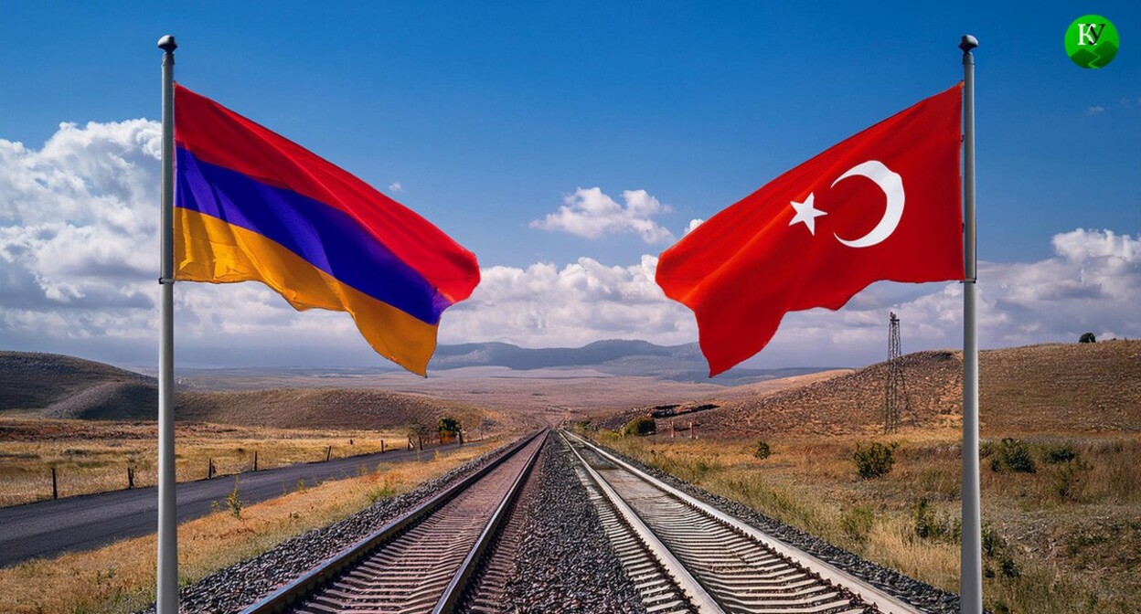 Флаги Армении и Турции около железной дороги. Иллюстрация создана «Кавказским узлом» с помощью ИИ в программе Photoshop Флаги Армении и Турции около железной дороги. Иллюстрация создана «Кавказским узлом» с помощью ИИ в программе Photoshop