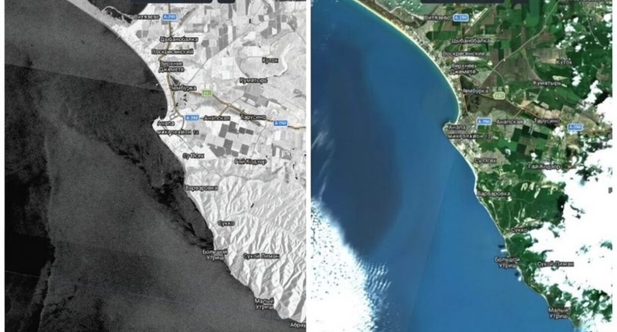Спутниковые снимки Sentinel-1 и Sentinel-2 зафиксировали тёмные аномалии на поверхности Чёрного моря у побережья Анапы. Коллаж ЕТ: снимок Sentinel от 24 мая (слева), снимок Sentinel от 22 мая (справа)/«Прозрачный Мир»/t.ме