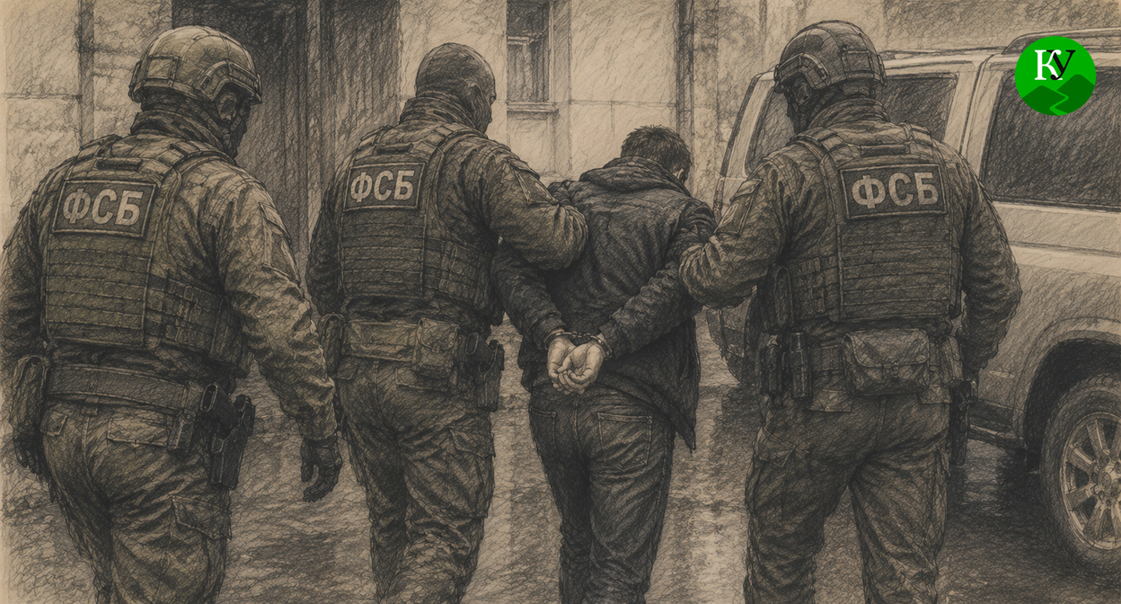 Cотрудники ФСБ задерживают мужчину. Иллюстрация создана "Кавказским узлом" при помощи ИИ в программе Copilot