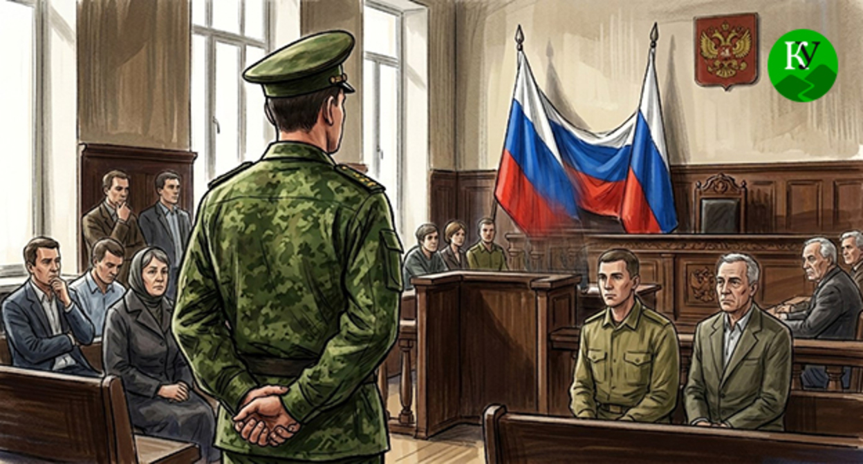 Военнослужащий в зале суда. Иллюстрация создана "Кавказским узлом" при помощи ИИ в программе Copilot