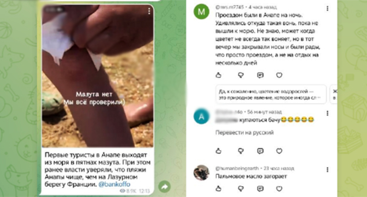 Кадр видео мазутного пятна на теле человека после купания на анапском пляже и комментарии. Скриншот https://t.me/makovozovy/61741 Кадр видео мазутного пятна на теле человека после купания на анапском пляже и комментарии. Скриншот https://t.me/makovozovy/61741