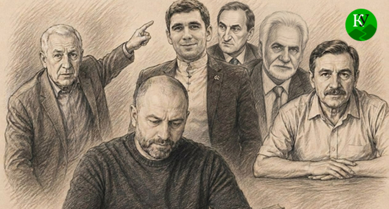 Маркс Шахмурзов, Хаким Кучмезов, Валерий Хатажуков, Заур Кожев, Азамат Шорманов, Музариб Бжахов. Иллюстрация создана "Кавказским узлом" при помощи ИИ в программе Copilot