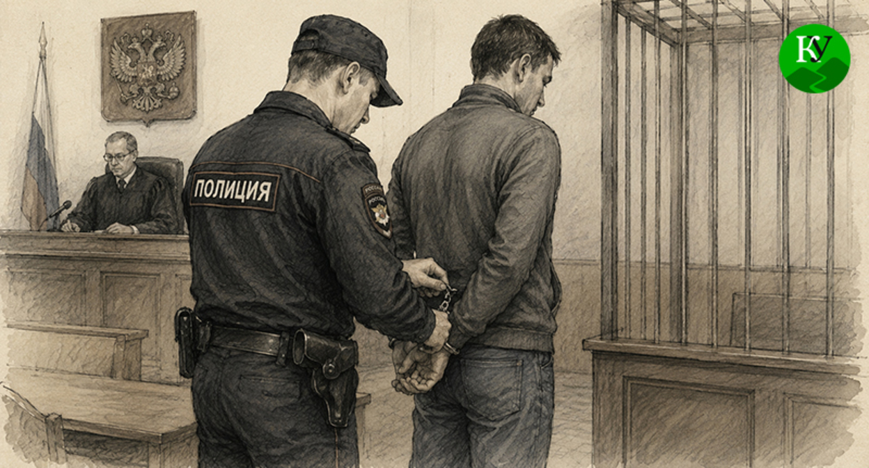 Полицейский надевает наручники на мужчину. Иллюстрация создана "Кавказским узлом" при помощи ИИ в программе Copilot