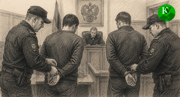 Арестованные мужчины в зале суда. Иллюстрация создана "Кавказским узлом" при помощи ИИ в программе Copilot