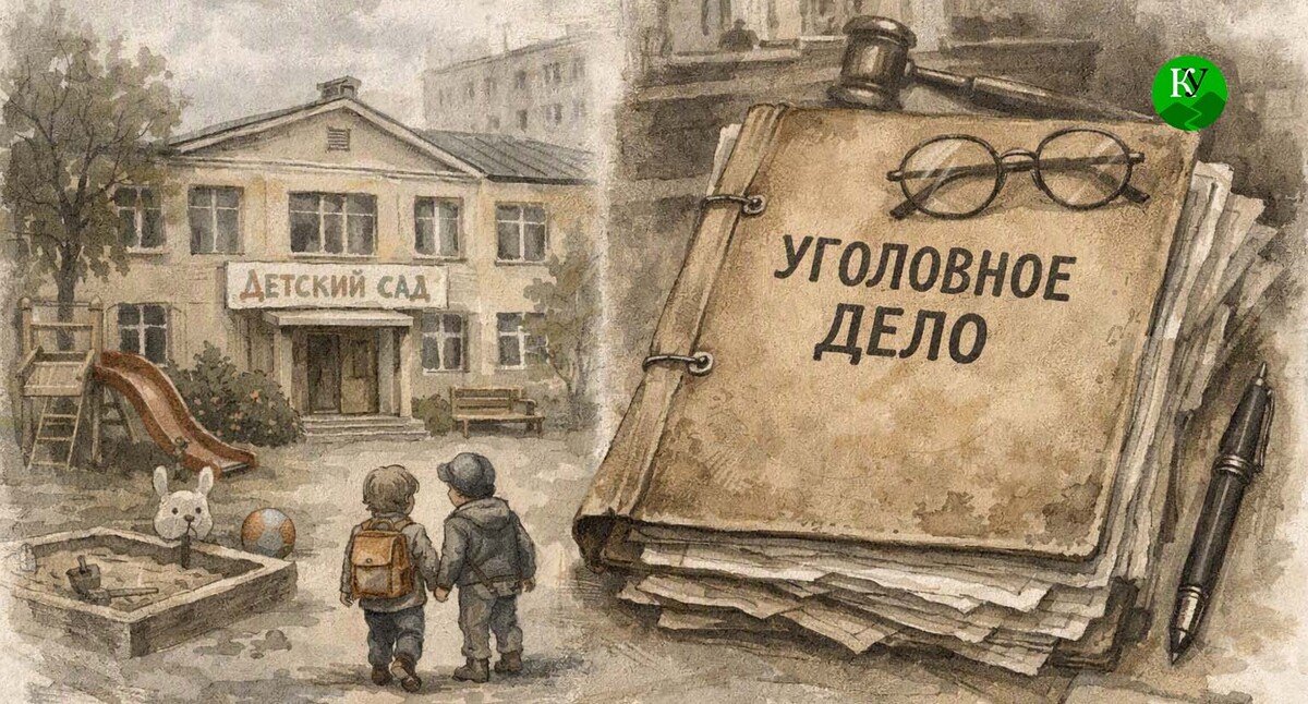 Детсад и папка с материалами уголовного дела. Иллюстрация создана "Кавказским узлом" при помощи ИИ в программе Copilot