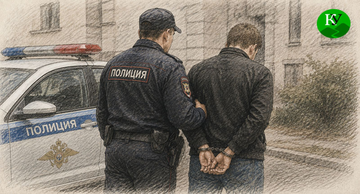 Сотрудник полиции задерживает мужчину. Иллюстрация создана "Кавказским узлом" при помощи ИИ в программе Copilot