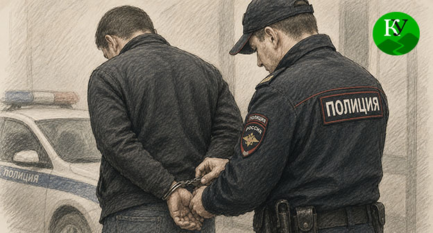 Сотрудник полиции надевает наручники на мужчину. Иллюстрация создана "Кавказским узлом" при помощи ИИ в программе Copilot