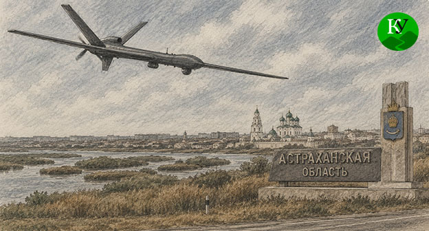 Беспилотник летит над Астраханской областью. Иллюстрация создана "Кавказским узлом" при помощи ИИ в программе Copilot
