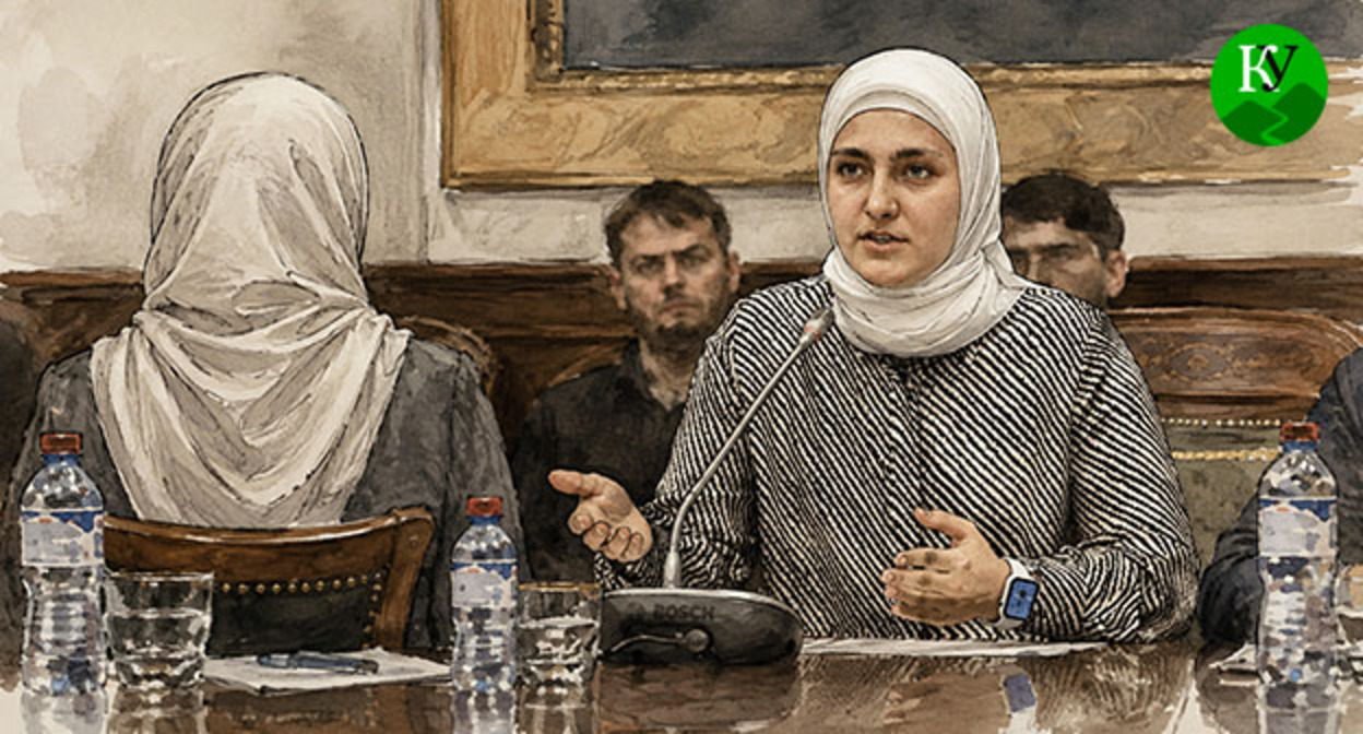 Айшат Кадырова общается с женщиной. Иллюстрация создана "Кавказским узлом" с помощью ИИ в программе Copilot