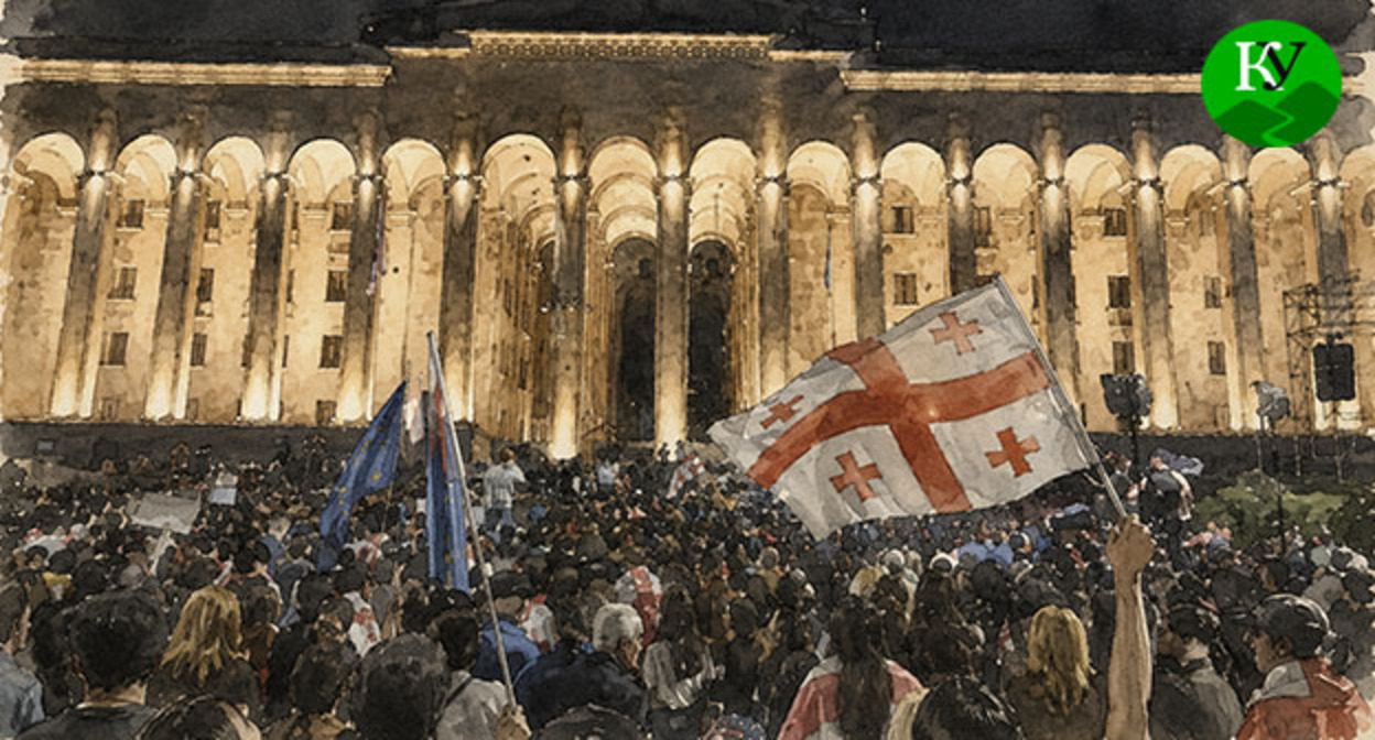 Акция протеста в Тбилиси. Иллюстрация создана "Кавказским узлом" при помощи ИИ в программе Copilot
