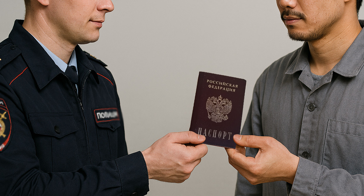 Полицейский отдает паспорт. Иллюстрация создана «Кавказским узлом» с помощью ИИ в программе Copilot Полицейский отдает паспорт. Иллюстрация создана «Кавказским узлом» с помощью ИИ в программе Copilot