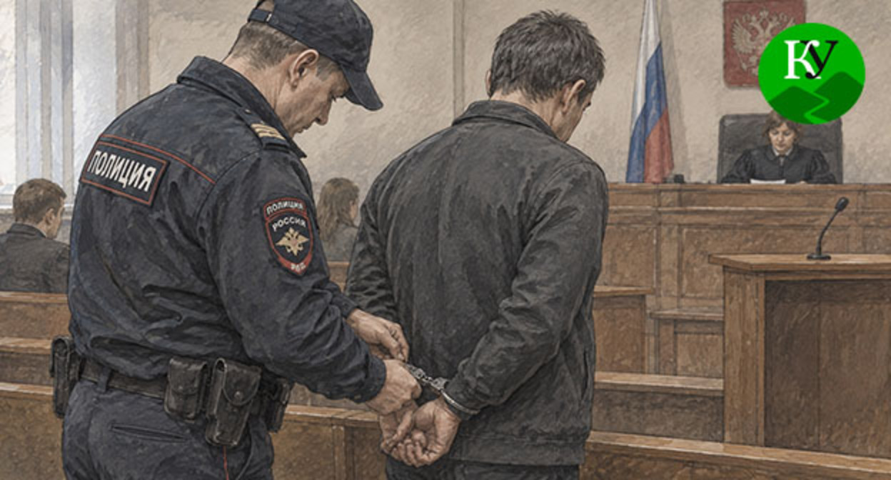 Сотрудник полиции надевает наручники на мужчину. Иллюстрация создана "Кавказским узлом" при помощи ИИ в программе Copilot