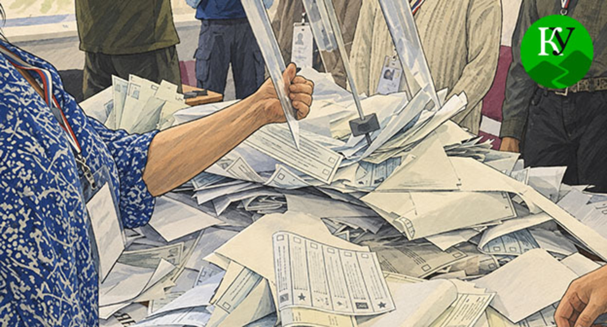 Подсчет бюллетеней. Иллюстрация создана "Кавказским узлом" при помощи ИИ в программе Copilot