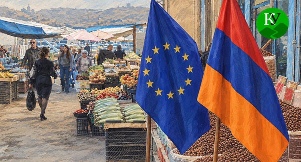 Флаги Евросоюза и Армении на фоне рынка. Иллюстрация создана "Кавказским узлом" при помощи ИИ в программе Copilot