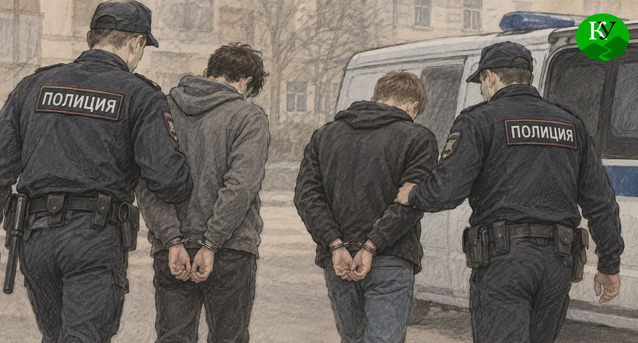Сотрудники полиции задерживают молодых людей. Иллюстрация создана "Кавказским узлом" при помощи ИИ в программе Copilot
