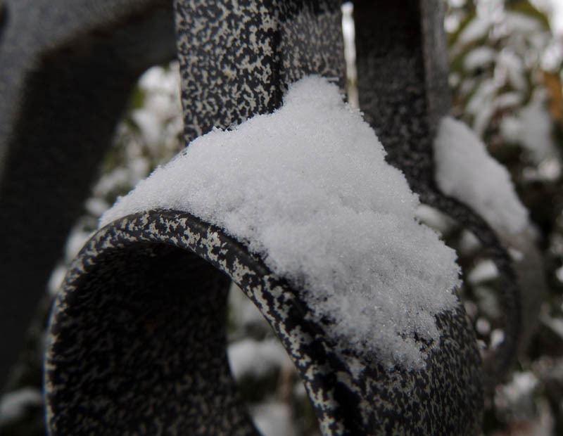 Снег на камуфлированной железной ограде. Снег на камуфлированной железной ограде.